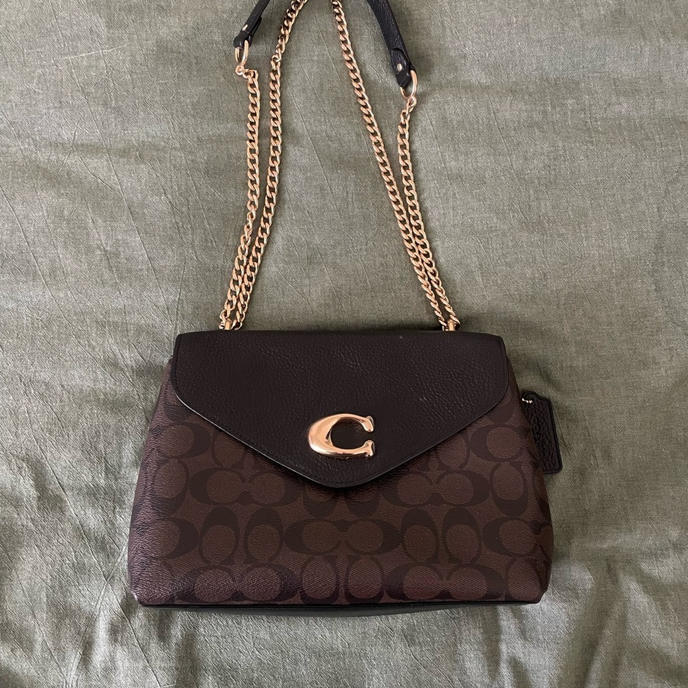 Coach Brown and Black Signature Shoulder Bag with Chain Strap